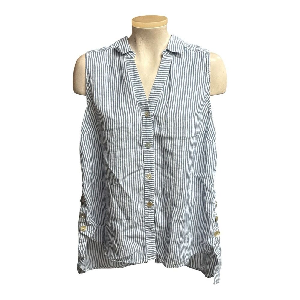 J Jill Love Linen Striped Sleeveless Button-Up Top Blue White Size Large